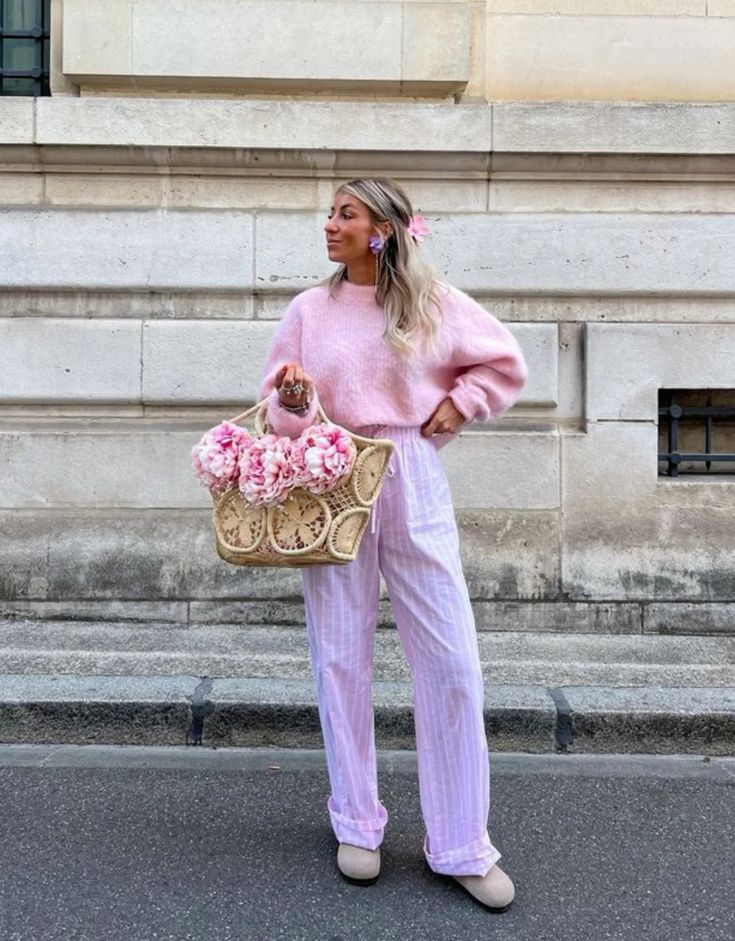 Pink Sweater and Striped Pants